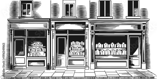 Black and white illustration of a bakery storefront with window displays of bread and pastries
