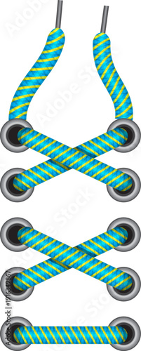 Green shoelace. Footwear string twine. Twisted cord