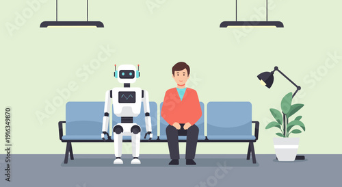 Human and robot sitting together in modern waiting area