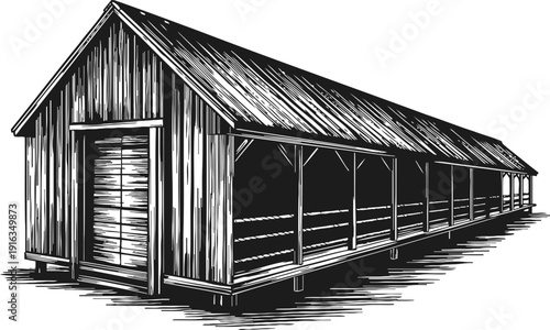 Old wooden barn with open sides, rustic farm building structure in vintage ink