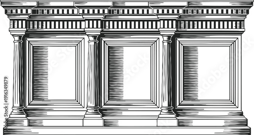 Classical architectural wooden panel with decorative columns and carved moldings