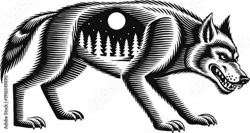 Angry wolf illustration with forest and full moon inside body, night wilderness wildlife design