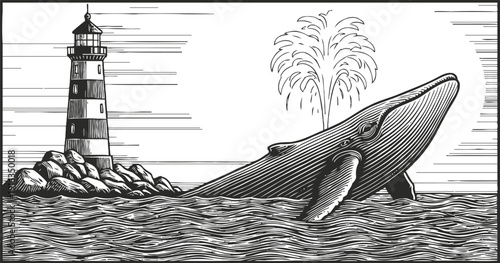 Black and white whale breaching near lighthouse and rocky shore detailed vintage engraving illustration
