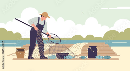 Fisherman emptying net on beach with wooden planks and buckets in flat style