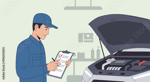 Mechanic inspecting car engine in modern workshop setting