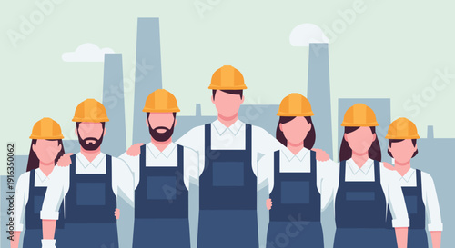 Team of construction workers in hard hats standing together with city skyline