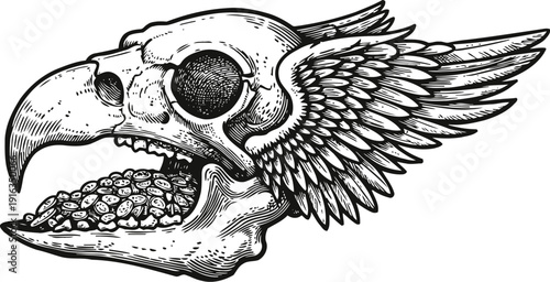 Detailed drawing of a bird skull with wings replacing the ears, artistic monochrome design