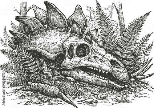 Stegosaurus skull fossil detailed illustration with plants and rocks, prehistoric dinosaur bone anatomy