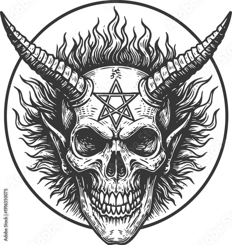 Demonic skull with horns and flaming hair, pentagram symbol, dark gothic occult design