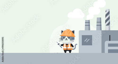 Cute cartoon cat in construction gear standing outside a factory