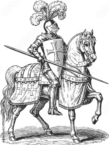 Medieval knight in full armor riding horse with lance and shield bearing cross emblem