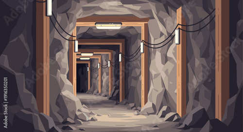 Underground tunnel with wooden supports and lighting, rocky walls, deep mining passage