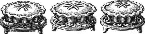 Three vintage pies on different wire racks traditional baked dessert illustration