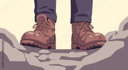 Hiking boots on rocky terrain in minimalist art style