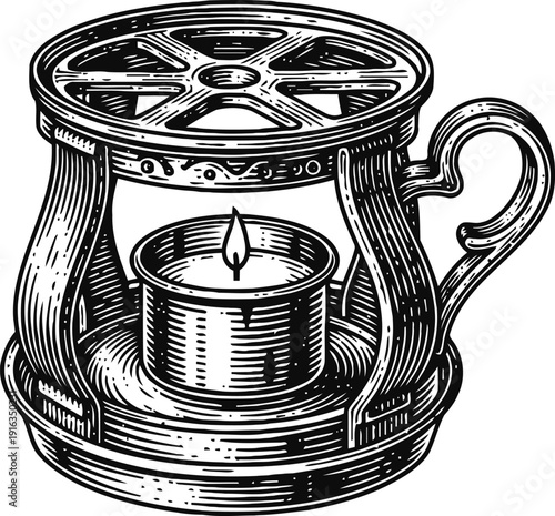 Vintage oil burner with candle inside, classic aromatherapy diffuser with handle and round top cover