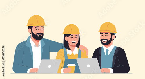 Engineering team collaboration with laptops and coffee in flat design