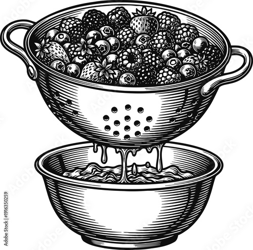 fresh berries in metal colander draining juice into bowl hand drawn fruit illustration, healthy natural food, summer harvest concept