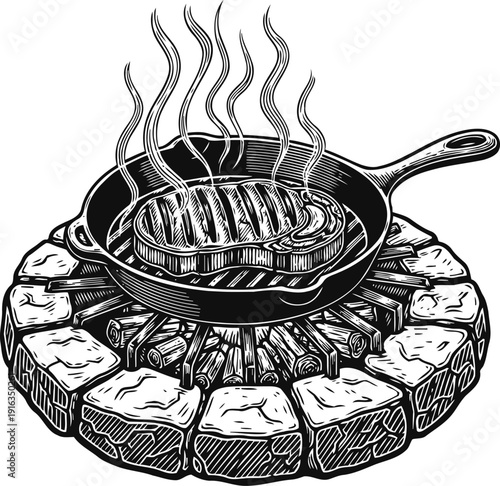 Grilled steak cooking on cast iron skillet over outdoor stone fire pit with smoke rising