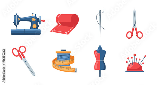 Sewing tools collection featuring sewing machine, dress form, scissors, and needles in flat style