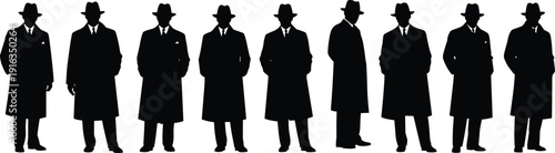 Vintage detective silhouette set illustration showing men in trench coats and hats for noir crime mystery vector design