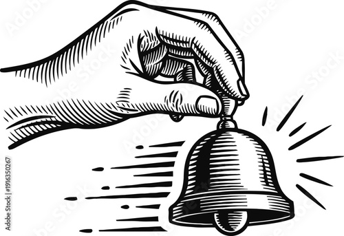 Hand ringing a bell illustration with motion lines in vintage engraving