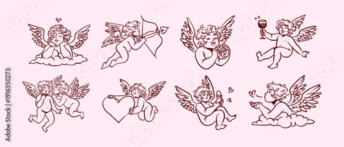 Doodle set of cupids. Cute baby angels with bows, hearts and air kisses. Funny amors with arrows of love and affection. Symbol of St Valentine Day. Hand drawn outline isolated vector illustrations