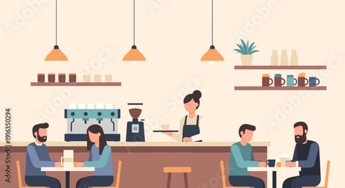 Cozy cafe scene with barista in minimalist flat design