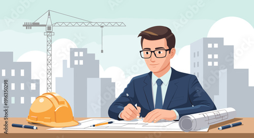 Architectural planner working with blueprints in urban office setting