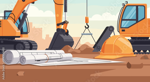 Construction site with machinery, blueprints, and hard hat in flat design