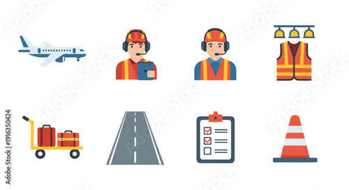 Airport worker icons: flat stylized baggage handling and safety equipment