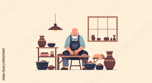 Flat style potter crafting clay pottery in cozy studio setting