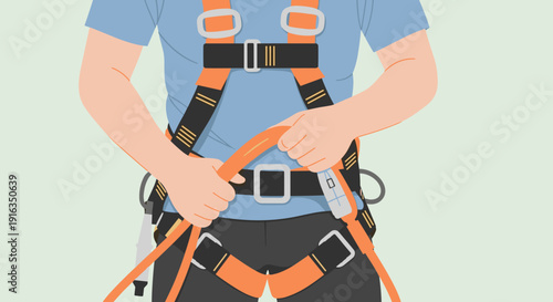 Man wearing safety harness and holding climbing rope for protection