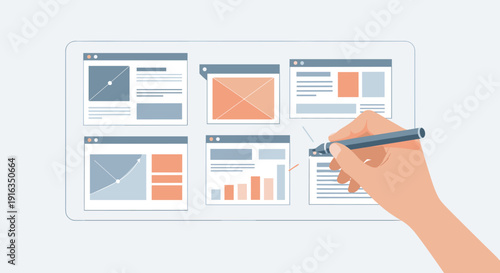 Designing web interfaces on tablet with hand and stylus in flat style