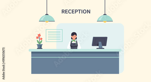 Hotel reception desk with female attendant and modern decor