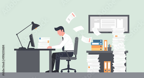 Overworked office employee at desk with paperwork piles and computer