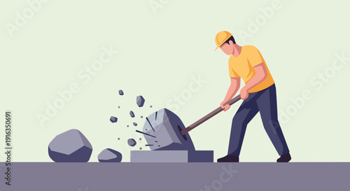 Worker breaking rocks with pickaxe in a flat style illustration