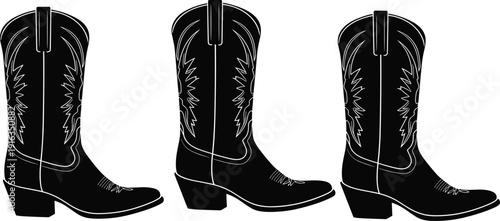 Western cowboy boots silhouette illustration set showing classic country footwear style for fashion rodeo rustic design vector