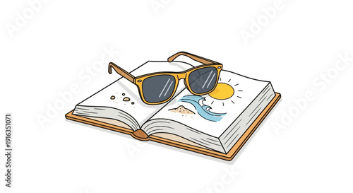 Open book with sunglasses and beach drawing on a white background, summer reading concept