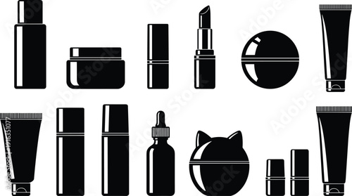 Black Cosmetic Packaging Set with Bottles, Cream Jars, Lipstick, Dropper, Tube and Cat Shaped Container Silhouette Vector Illustration Collection