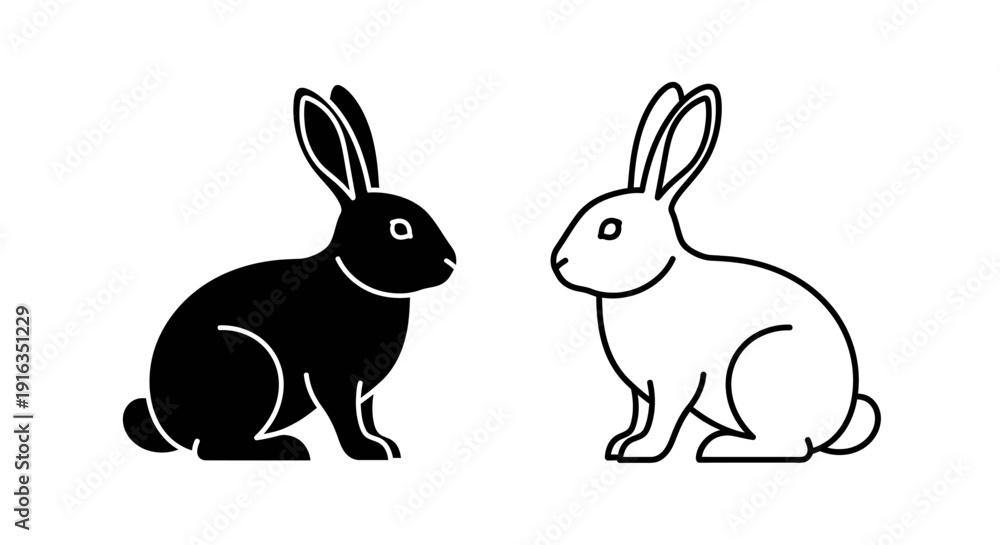 Fototapeta premium Two rabbits sitting side by side, one black and one white, vector illustration Vector