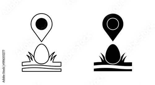 Two black and white icons of a location pin on a map with a cross symbol underneath Vector