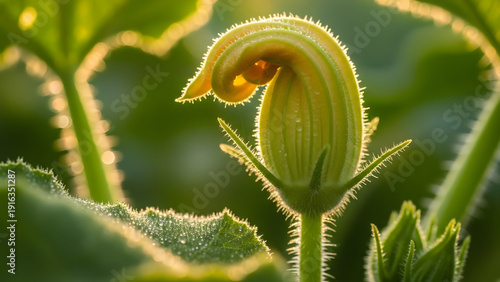 Young pumpkin flower bud unfurling and glowing in morning sunlight with dew drops for organic growth concept and natural beauty