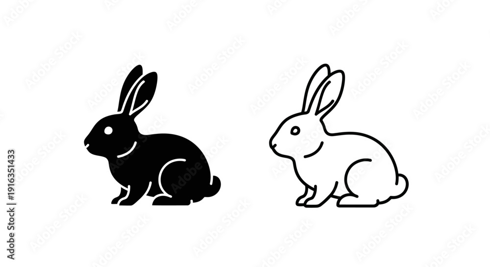 Fototapeta premium Two rabbits sitting together, one black rabbit and one white rabbit, vector illustration Vector