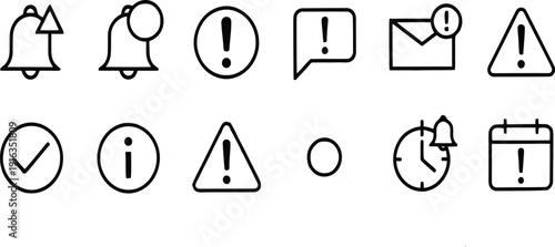 Mobile app notification and alert line icon set isolated on white background. Collection of interface symbols including ringing bell, exclamation mark, warning triangle, checkmark, and info bubble