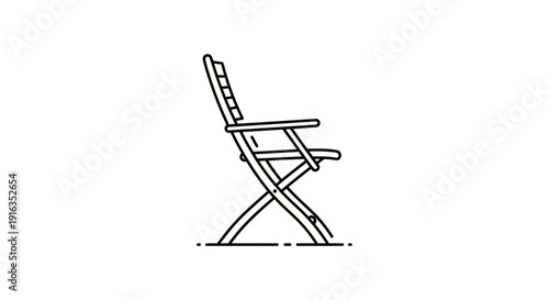 Minimalist line drawing of a folding chair, simple, clean design, isolated on white.