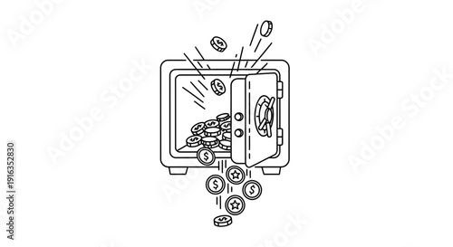 Money overflowing from an open safe, coins spilling out, financial security concept