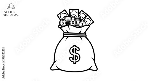 Money Bag Icon with Dollar Sign and Overflowing Cash and Coins