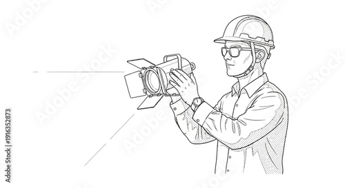 Man in hard hat operating a spotlight, professional lighting equipment, film set or stage production