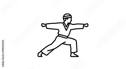 Martial Arts Warrior Performing Karate Stance, Dynamic Action Pose, Black and White Line Art