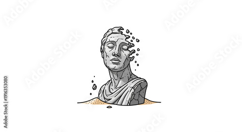 Melting Sculpture Head in Sand: Ancient Statue Disintegrating in Desert